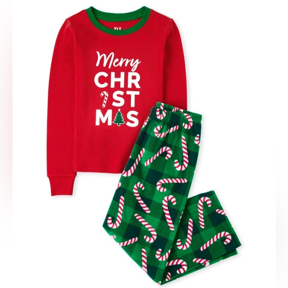 Kids Christmas Holiday Pyjama Set - Cotton & Fleece - Red & Green - Candy Cane - Picture 1 of 8